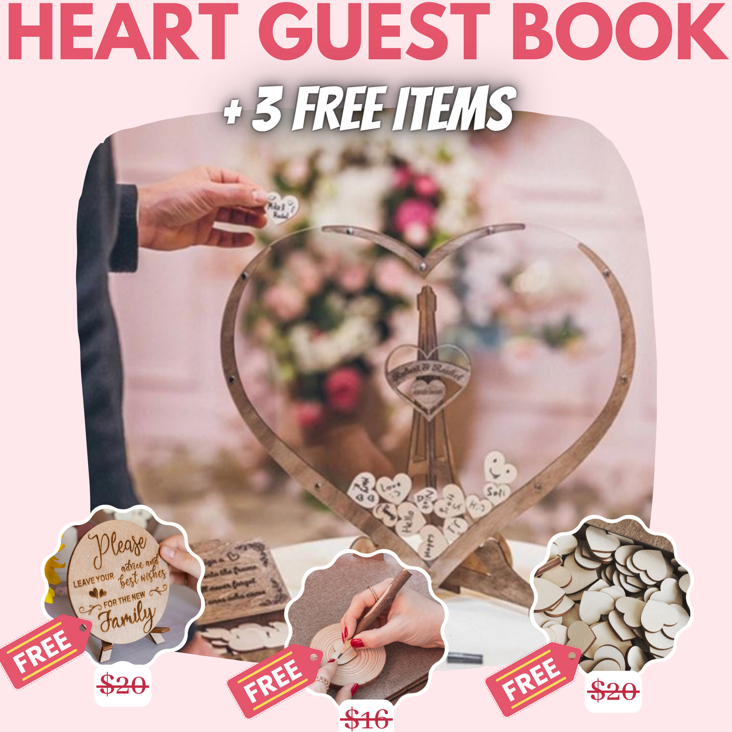The Wooden Heart Wedding Guest Book + 3 FREE Bonuses