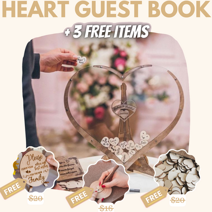 Livre d'or de mariage en forme de cœur en bois + 3 bonus GRATUITS