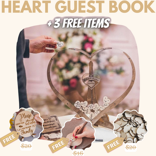 Livre d'or de mariage en forme de cœur en bois + 3 bonus GRATUITS