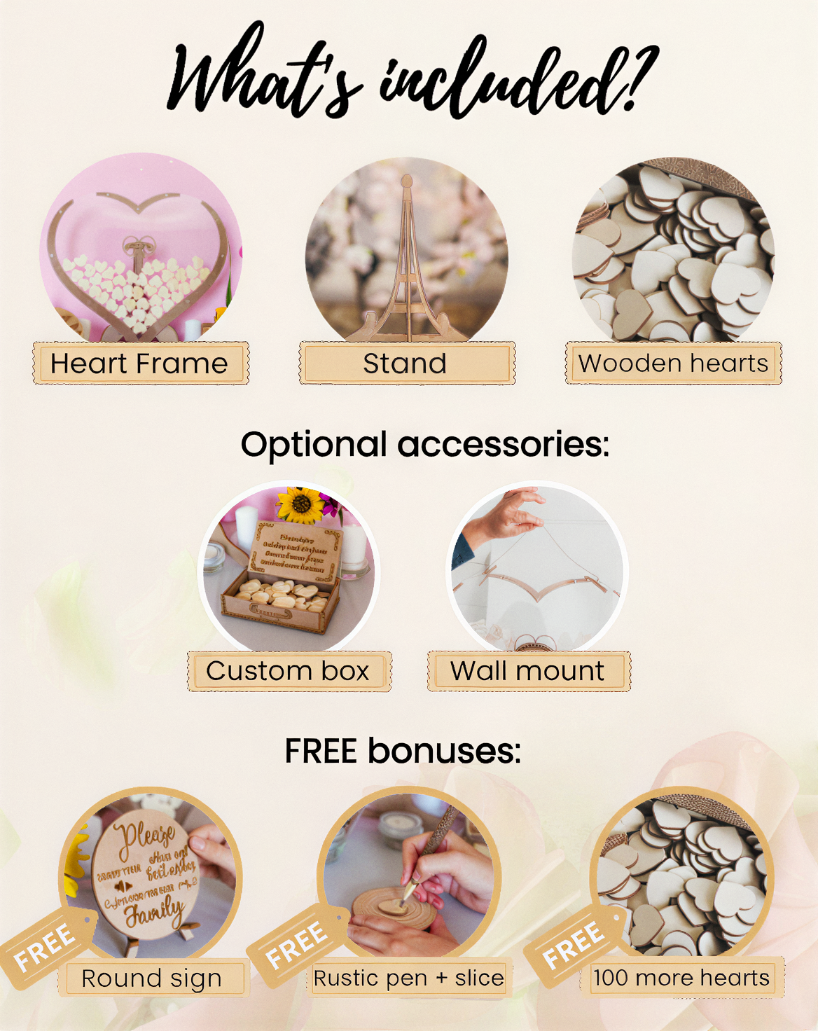 Livre d'or de mariage en forme de cœur en bois + 3 bonus GRATUITS