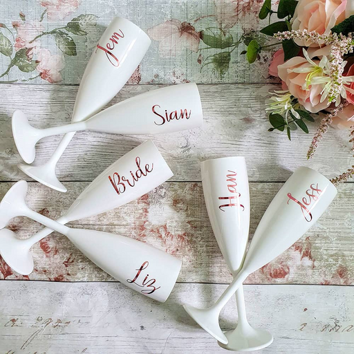 Personalized White Champagne Flute | Bridal Party Gift