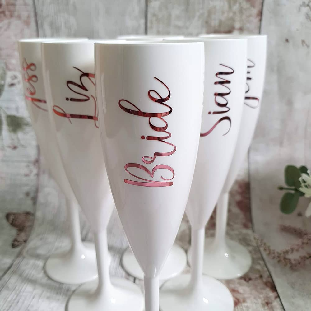 Personalized White Champagne Flute | Bridal Party Gift