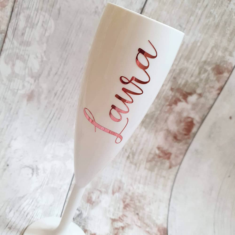 Personalized White Champagne Flute | Bridal Party Gift