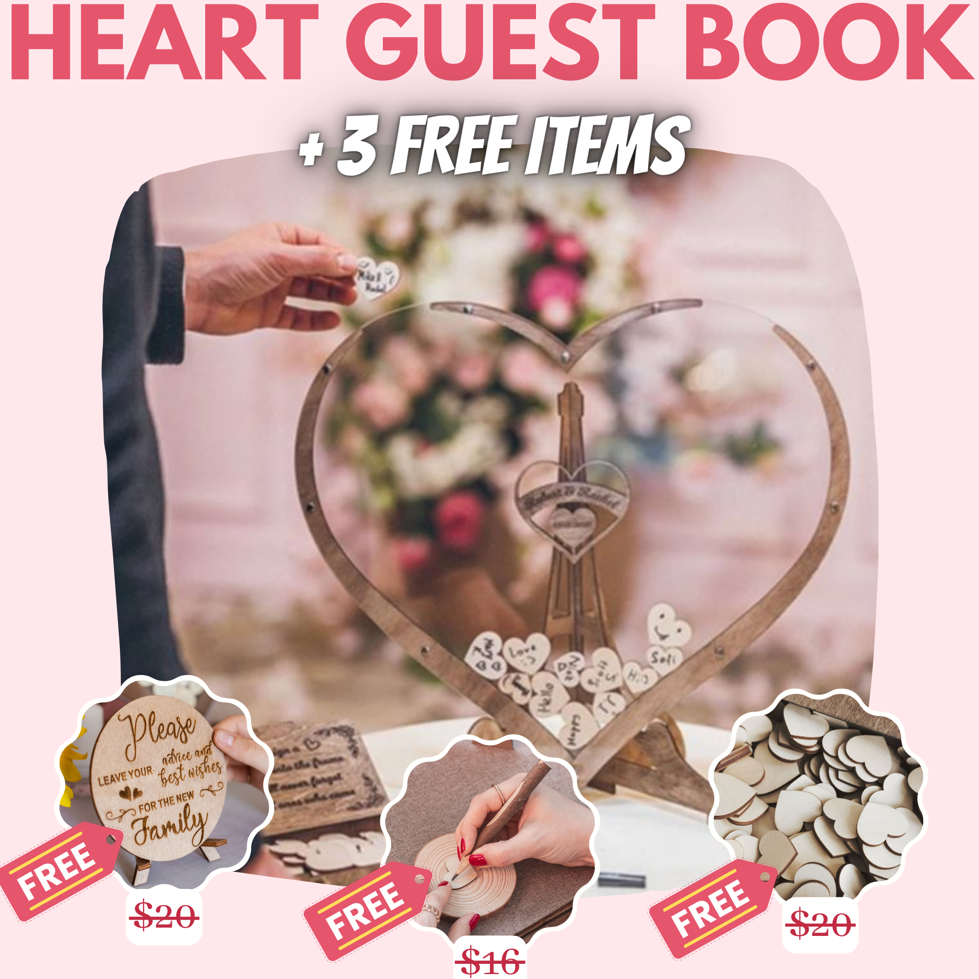 Wooden Heart Wedding Guest Book + 3 FREE bonuses