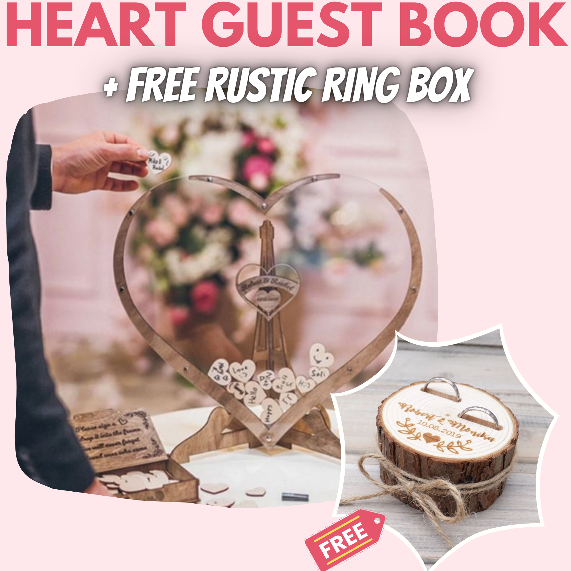 Wooden Heart Wedding Guest Book + FREE ring box